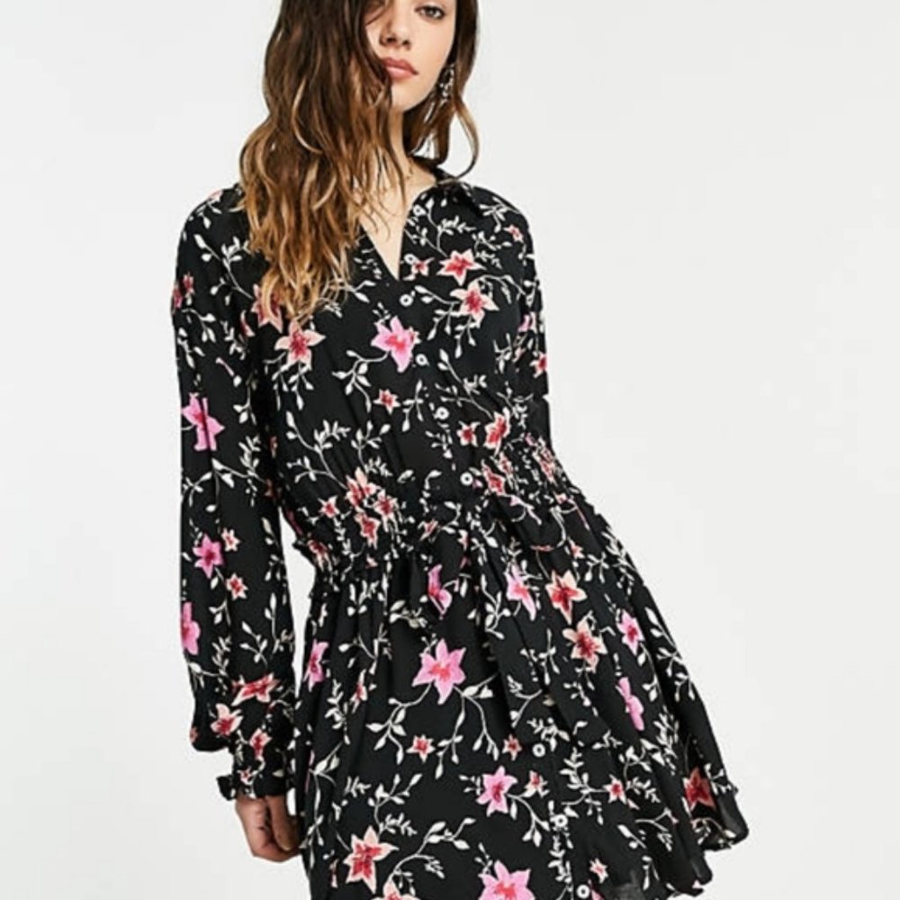 Free People Lighten Up Black Pink Orange Floral Combo Long Sleeve Shirt Dress L - Picture 16 of 16